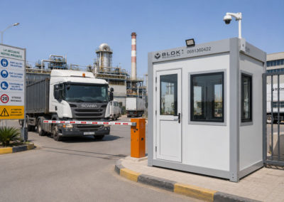 Guérite modulaire blanche et grise pour sécurité industrielle et surveillance des accès au Maroc